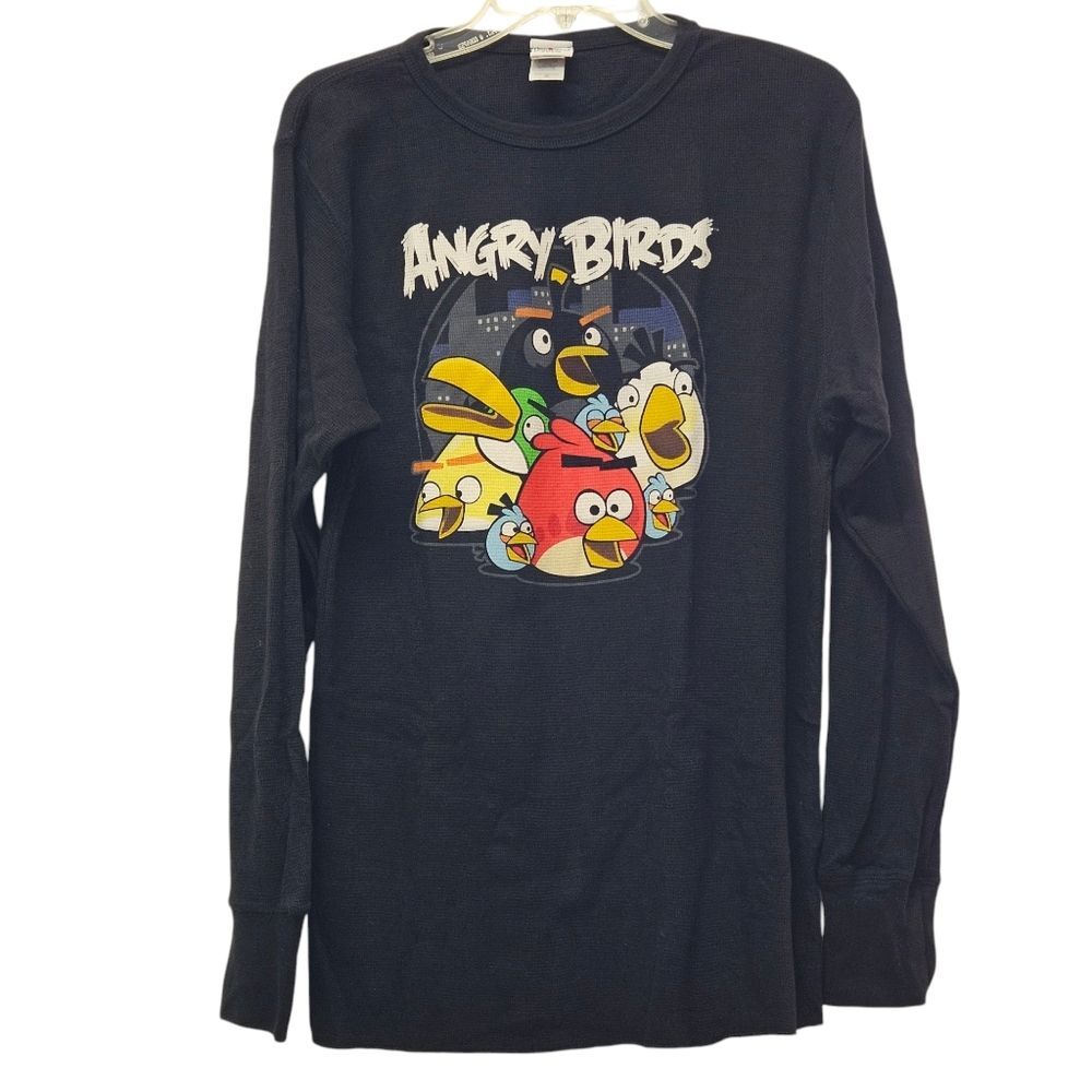 Angry Birds Crewneck Long Sleeve Tee Top Mens XL Black Thermal T-shirts